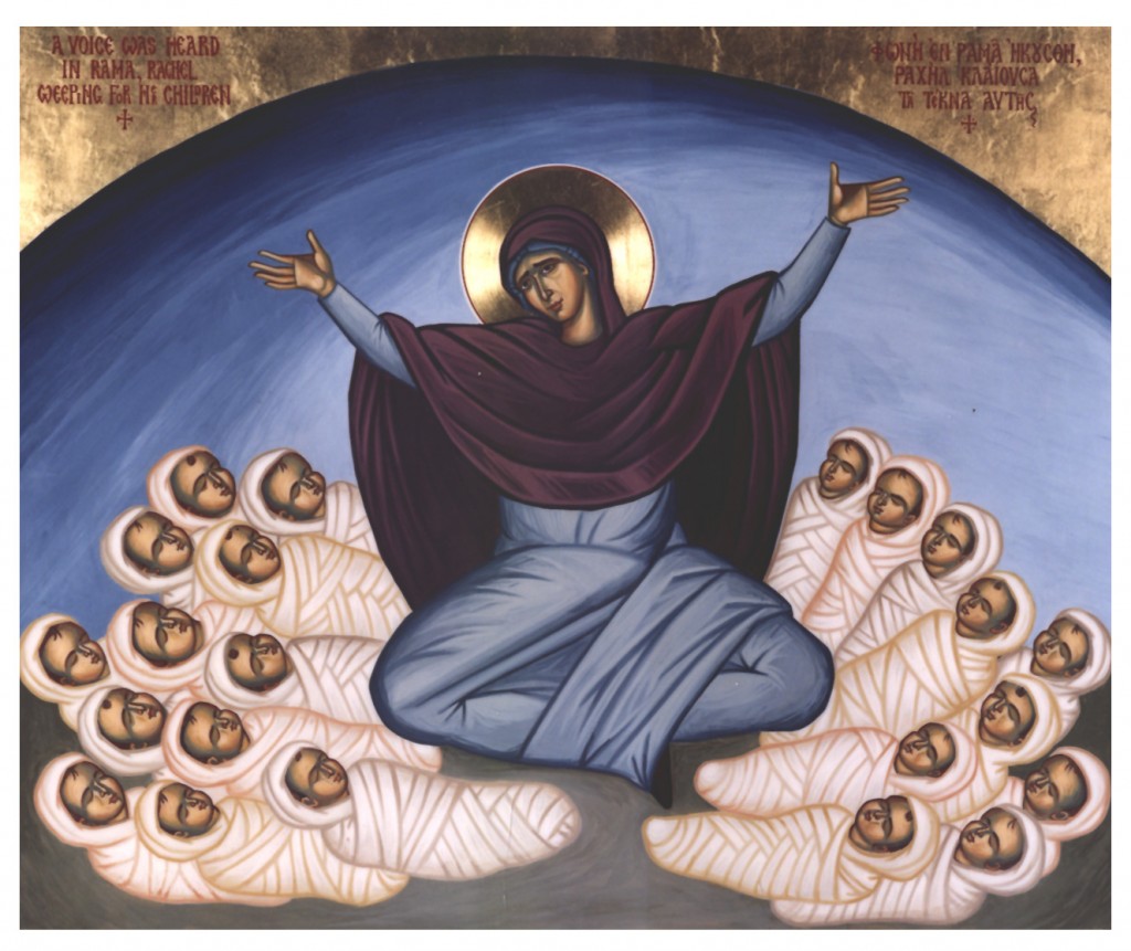 Ícone mostra Nossa Senhora com as crianças martirizadas a manda de Herodes: os Santos Inocentes